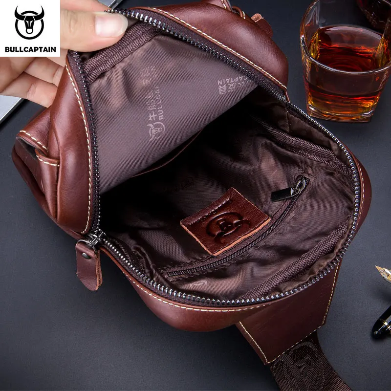 BULLCAPTAIN-Men's Chest Bag Head Layer Cowhide Casual Sports Personality Leather Multi-Function Shoulder Messenger Bag