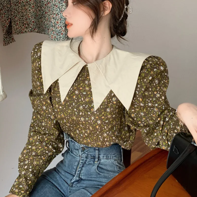 

Women Shirts 2021 Spring Autumn French Vintage Temperament Turn Down Collar Floral Print Design Long-Sleeved Tops Chemise Femme