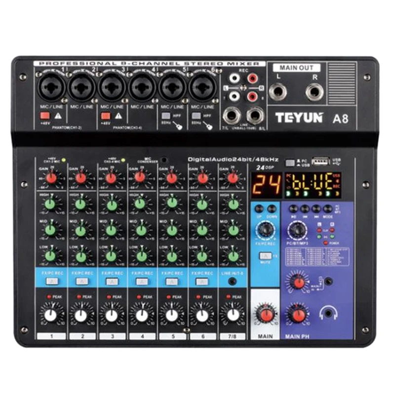 Sound Card Audio Mixer Sound Board Console Desk System Interface 8 Channel USB Bluetooth 48V Power Stereo (Us Plug)