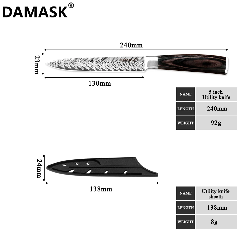 5inch Utility Knife Набор кухонных ножей Damask 7Cr17 Mov кухонный нож из нержавеющей стали высококлассный нож с рисунком рыбьей кости с бесплатными подарочными ножны - Цвет: 5inch Utility Knife