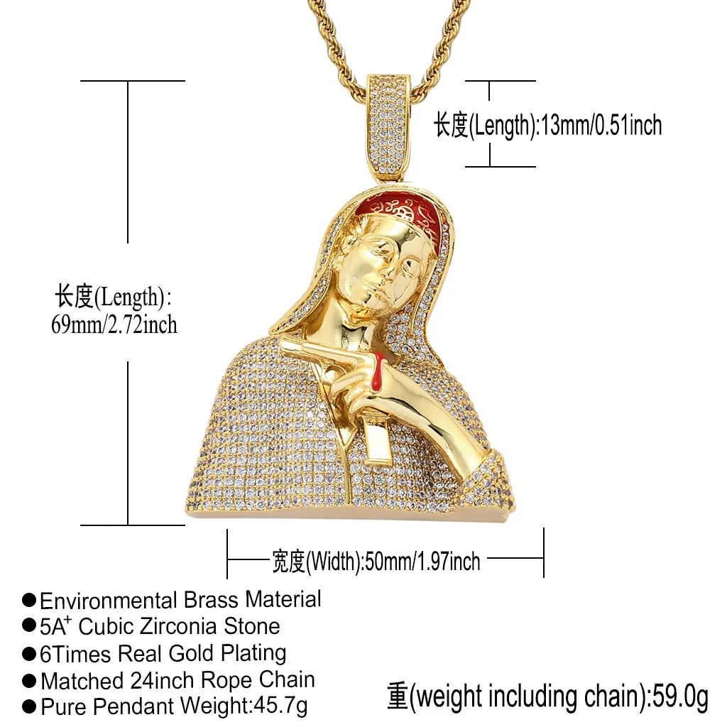 

HIP HOP Bling Blood Virgin Mary Pendants AAA+ Zircon Classic Christian Necklace Long Link Chain Necklaces For Men Women Jewelry