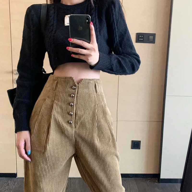 

Corduroy pants women's radish pants 2021 spring new straight slim high waist slimming harem pants