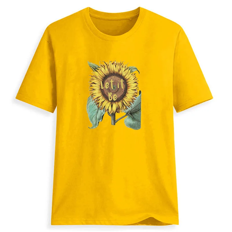 

Let It Be Girls Letter Print Women T-shirts 2019 New Sunflower Round Neck Short Sleeved Sweet T Shirt Ladies Plus Size XXXL
