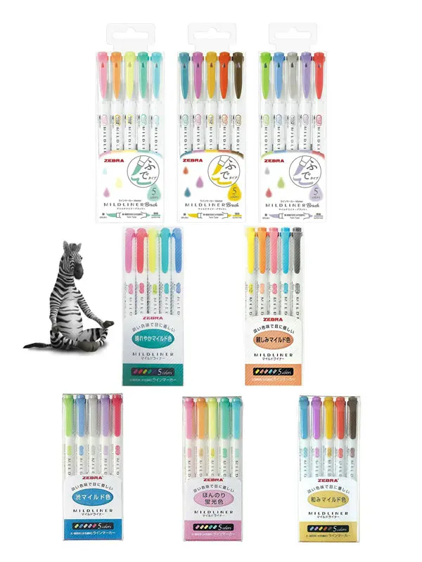 Pack of 8 Zebra 25 Colors Double-Sided Highlighter Mildliner Pens Plus NEW 15 Colors Mildliner Brushes Value Set