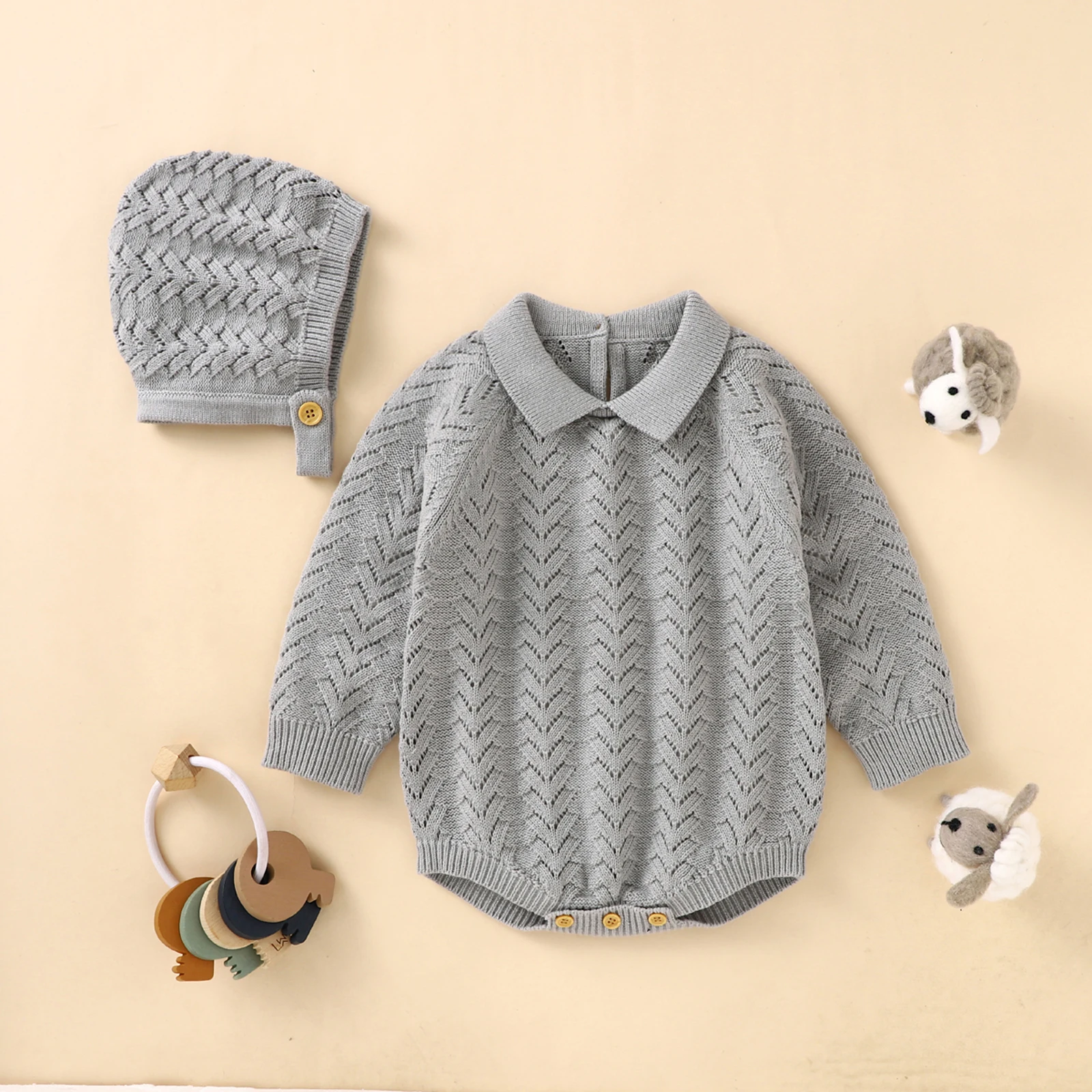 

2021 New Baby Bodysuits Clothing Casual Long Sleeve Knitted Romper Fashion Solid Color Triangle Jumpsuits with Cap 0-18 Months