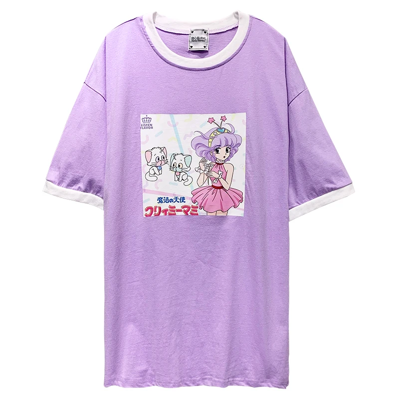 

Women 2020 Summer Cute Short Hair girl Pattern Print T-Shirt Young Girl Student Loose Short sleeve pullover Tops Preppy Style