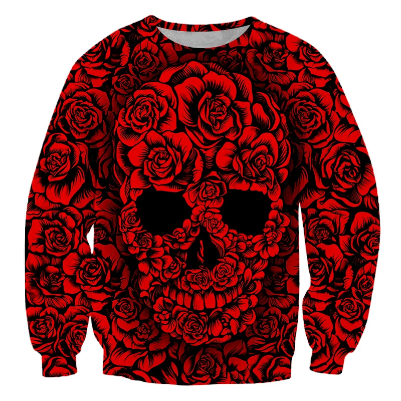 

Hot Selling Wild Fashion Casual Men And Women 3d Red Rose Print Halloween Sweatshirt Halloween Skull Hoodless Sweatwear Oversize