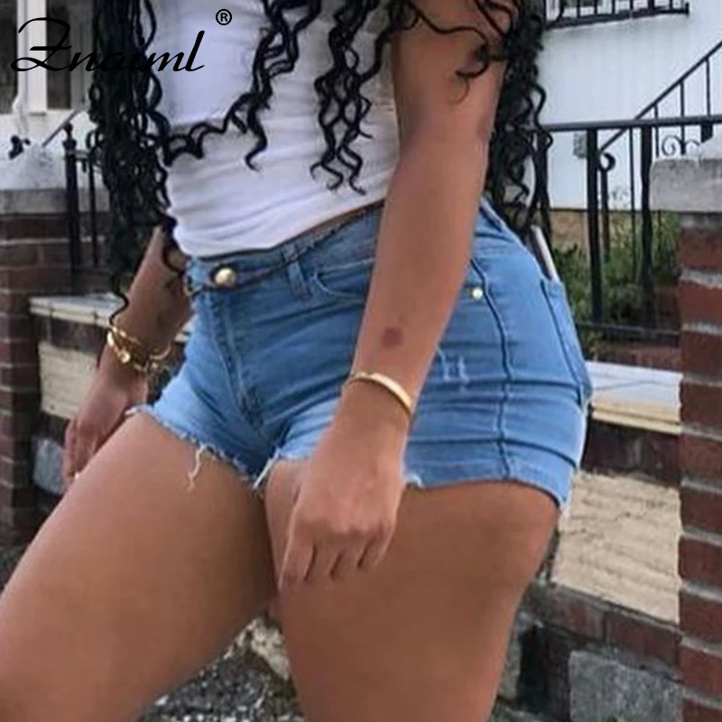 

Znaiml New Shorts Jeans Blue Color Women Broken Ripped Denim Jeans Short Mid Waisted Hotpant Femme Slim Fit Pantalones Shorts