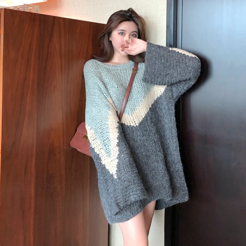 

Long Women Knitted Sweater Vintage Top O-Neck Long Sleeve Loose Oversized Pullovers Casual Vintage Streetwear Autumn Winter
