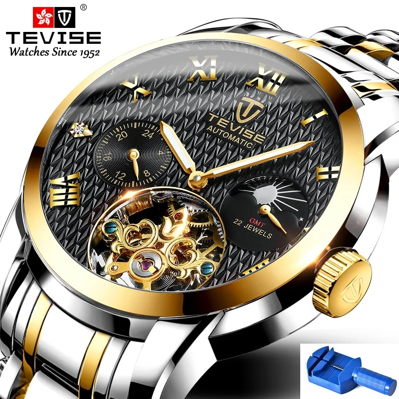 

Automatic Mechanical Watch TEVISE T9005c Tourbillon 22 Jewels Watch Man Moon Phase Luminous Hands Waterproof Clock with Tool Box