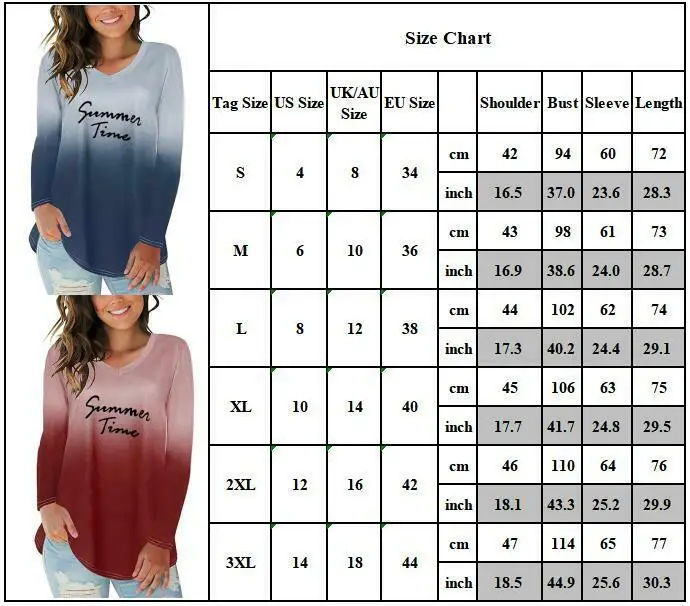 

Women Ladies V-Neck Long Sleeve Tee T-shirt Printed Loose Pullover Blouse Tops