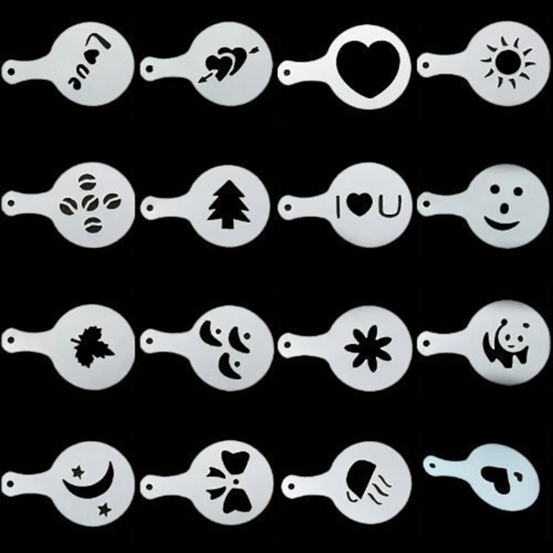

2021 New 16 Pcs Coffee Drawing Mold Fancy Natie Printing Model Coffee Foam Spray Cake Stencils Powdered Sugar Sieve Tool