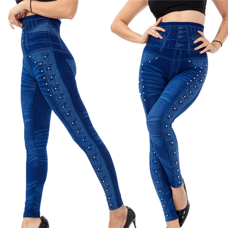 

Plus Size 3XL High Waist Faux Denim Jean Leggings Slim Elastic Seamless Skinny Pencil Pant Female Workout Running Leggings