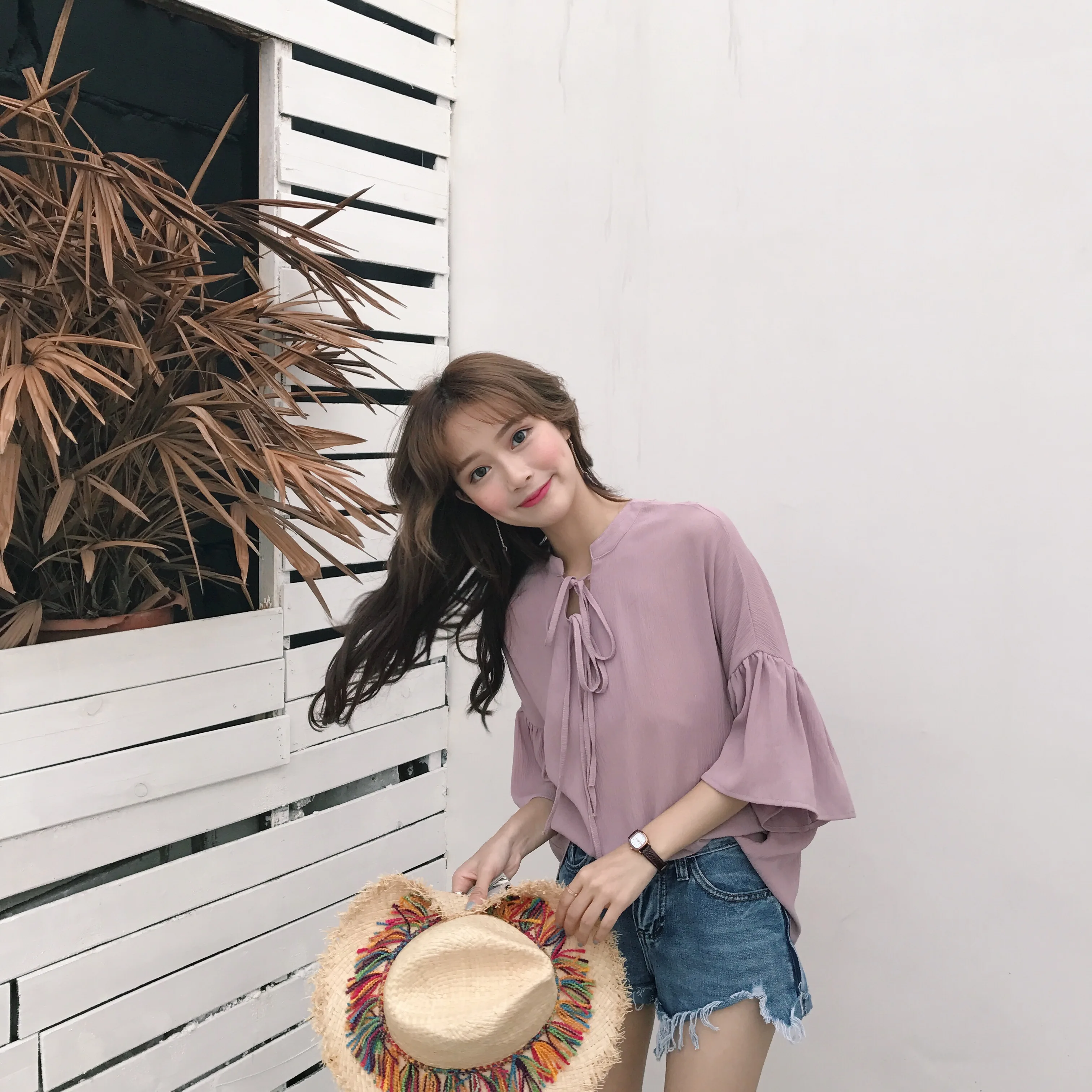 

Women's Clothing sweet loose blouse ulzzang solid women Blouses lace up o-neck three quarter butterfly sleeve chic women Shirts