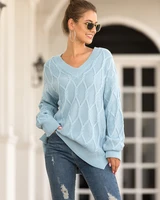 women v neck wood sweater autumn winter thick warm tops solid color long sleeved ingot simple fashion comfortable casual