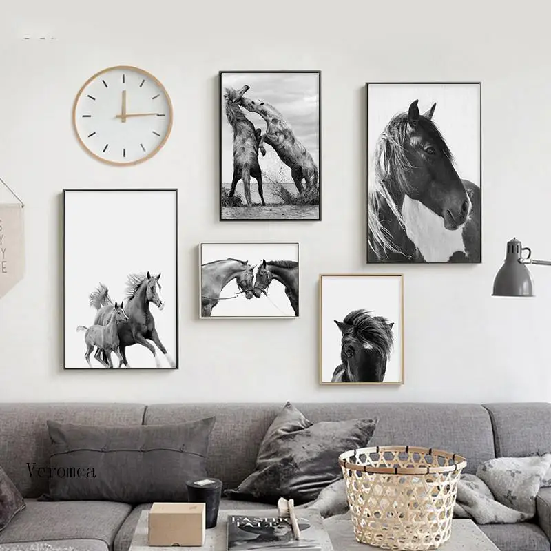 

Black and White Picture Horses Animal Canvas Wall Poster Modern Home Room Decor Painting for Interior Home Design Frameless