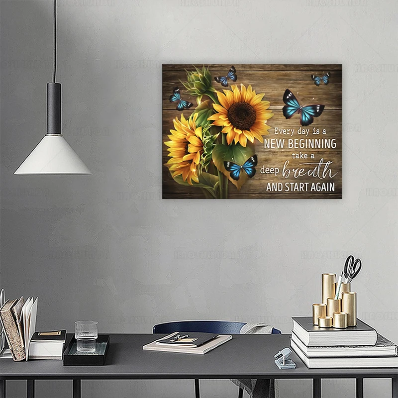 Современный домашний декор Деревенская ферма искусство Подсолнух синяя бабочка