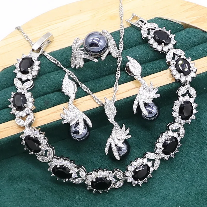 

New Black Pearl 925 Silver Jewelry set for Women Earrings Necklace pendant Ring Zircon Bracelet