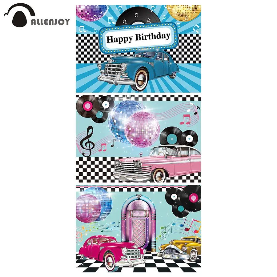 

Allenjoy Birthday Backdrop Disco Car Music Baby Shower Luxurious 90s Black White Plaid Party Decoration Photo Studio Background