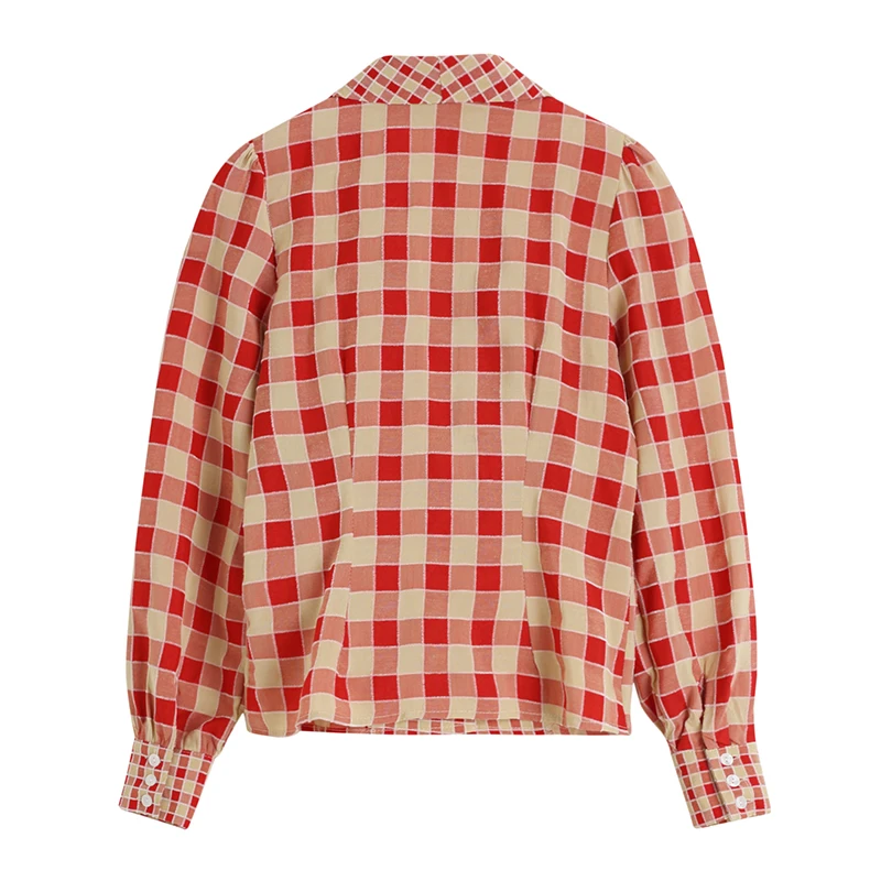 Женская клетчатая блузка однобортная во французском стиле с длинным рукавом и
