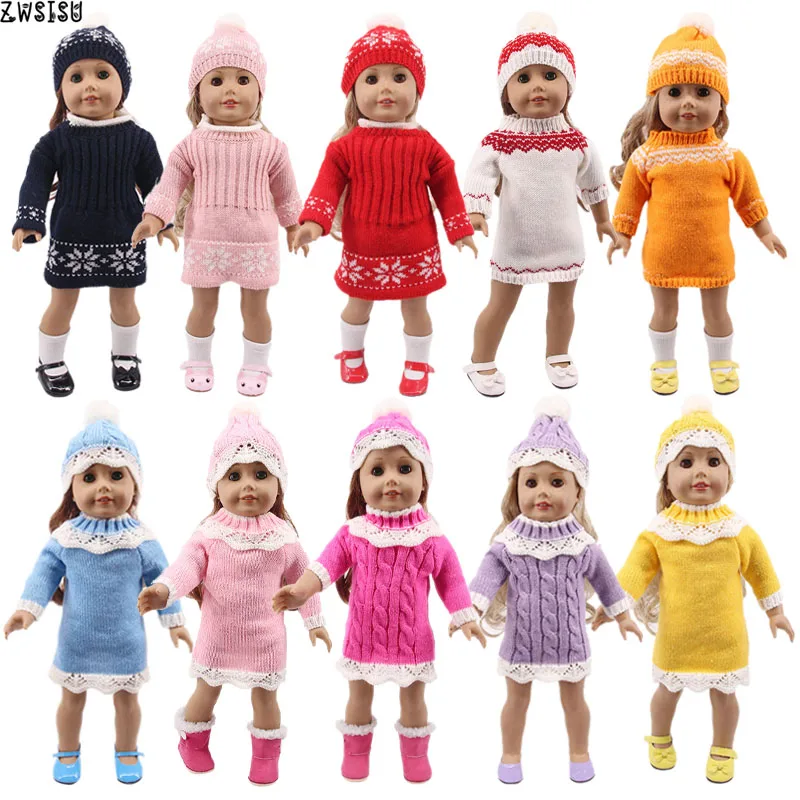 Doll Clothes 10 Solid Colors Sweater Knitted Hat+Snowflake Dress For 18 Inch American Doll&43 Cm Born Doll Generation Girl`s Toy