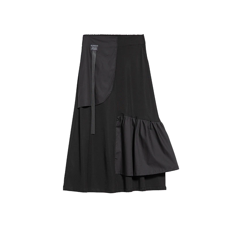 

Black Asymmetrical Splicing Ruffles Skirt Women New High Waist Loose Casual Midi Skirts Fashion Streetwear Clothes Summer 2021