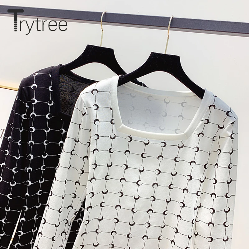 Весенняя женская футболка Trytree 2020 Повседневная облегающая с квадратным