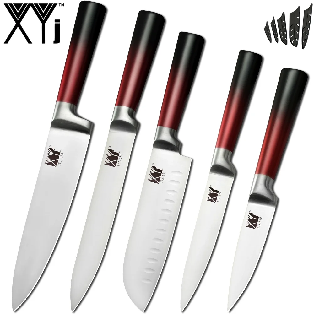 F.5PCS SET XYj кухонные ножи 9 шт. набор из нержавеющей стали поварские ножи точилка инструменты ножницы 8 ''Держатель ножей градиентный цвет кухонный аксессуар - Цвет: F.5PCS SET