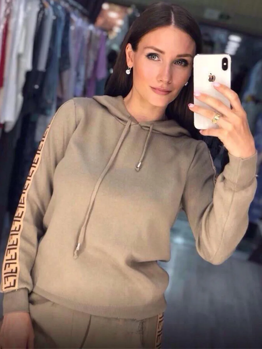 Donsignet Women's Suit Fashion Spring and Autumn Hooded Collar Pullover Long Sleeve Solid Color Letter Printing Two piece Suit| |