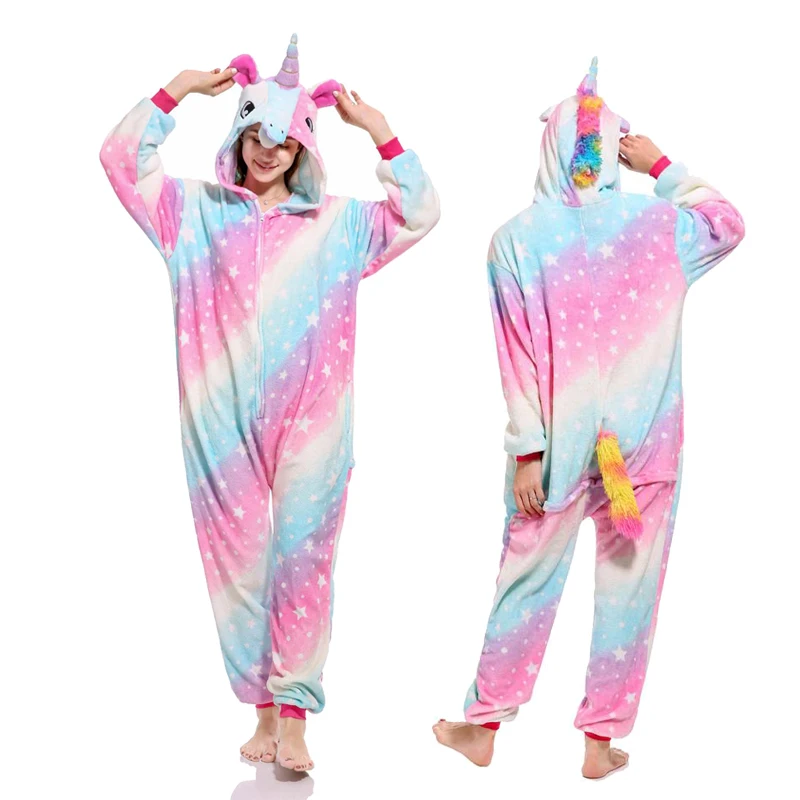Pink star unicorn Пижама в виде единорога, зимняя Пижама для взрослых, пижама кигуруми, Ститч, панда, единорог, женский комбинезон, Аниме Костюмы, комбинезон - Цвет: Pink star unicorn