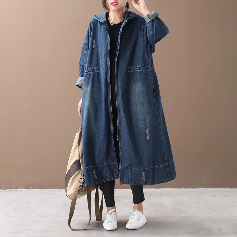 Осенне зимний женский плащ большого размера Длинное свободное джинсовое пальто