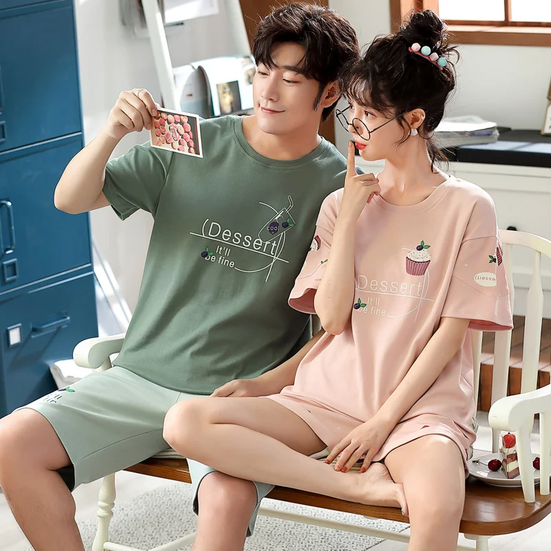 

Хлопковые пижамы комплект для пар; Летняя одежда с коротким рукавом; Мультяшный принт Стильный дом из Кореи Kawaii Стиль для отдыха Элегантная ...