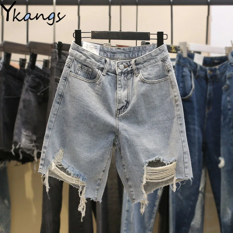 

Размера плюс рваные короткие джинсы с высокой талией, 2021 летние женские прямые джинсовые шорты в Корейском стиле, модная уличная Harajuku одежд...