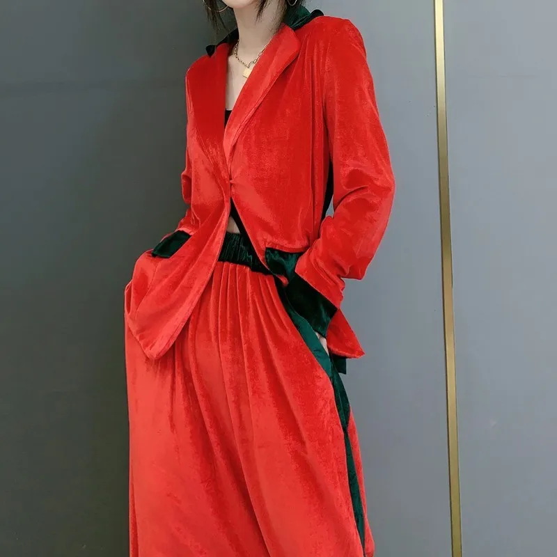 

Street Women Autumn Single Button Blazer Elastic Waist Loose Baggy Pants Two Piece Set OL Velvet Suit Jacket Harem Pants Set
