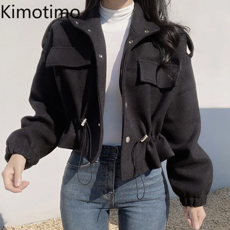 

Повседневное шерстяное пальто Kimotimo, Женская Корейская шикарная темпераментная куртка с отложным воротником и кулиской на талии, короткая о...