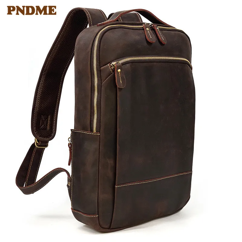 Simple vintage crazy horse cowhide men's backpack outdoor travel natural genuine leather bookbag student 15-inch laptop bagpack