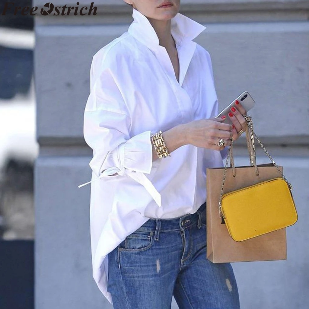 Женская белая блузка с длинным рукавом Повседневная Свободная однотонная