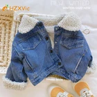 Джинсовая куртка для маленьких девочек, Детское пальто, одежда для малышей, корейские зимние куртки с бархатной подкладкой для девочек и мальчиков, утепленная детская верхняя одежда