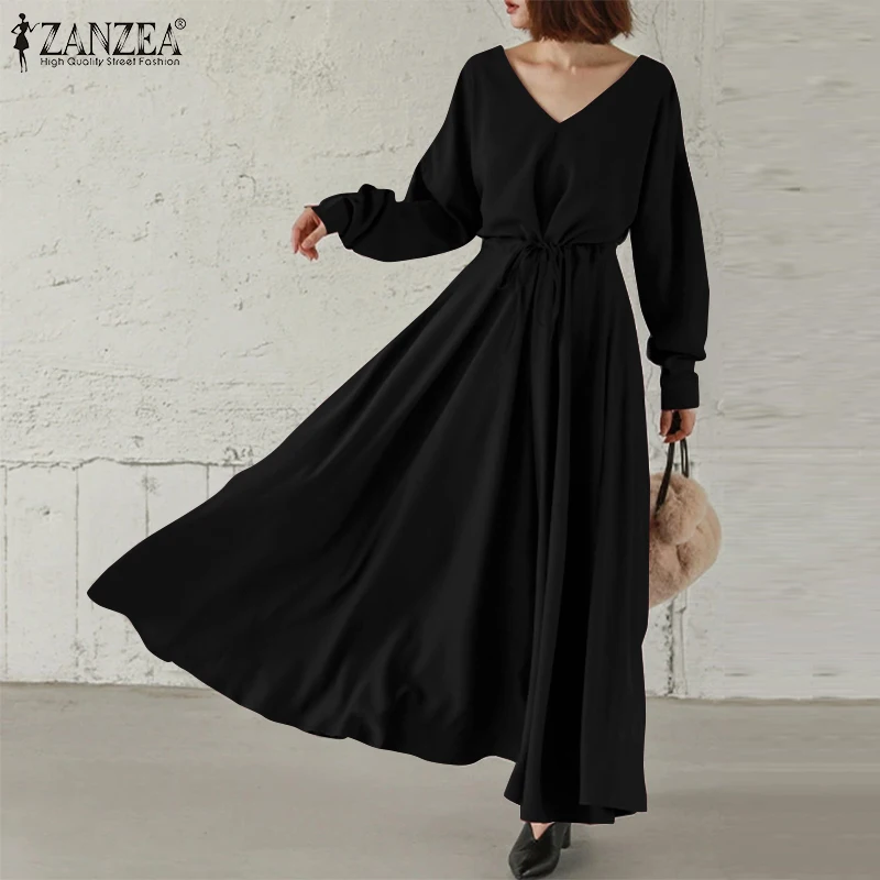 

ZANZEA Plain ALine Kaftan Vestido Party Loose Robe Women Casual Long Puff Sleeve V Neck Dress Vintage Autumn Drawstring Sundress