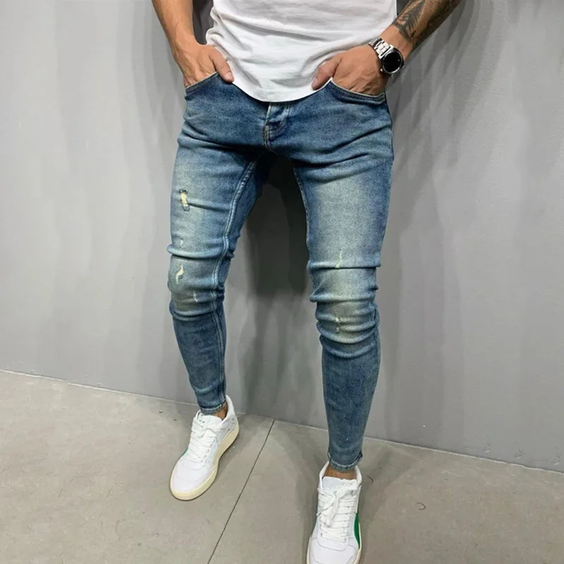 Mens Skinny Ripped Jeans Slim Patchwork Blue Denim Pants Pencil Pants Street Hip-hop Denim Trousers Fashion Boyfriend Jeans