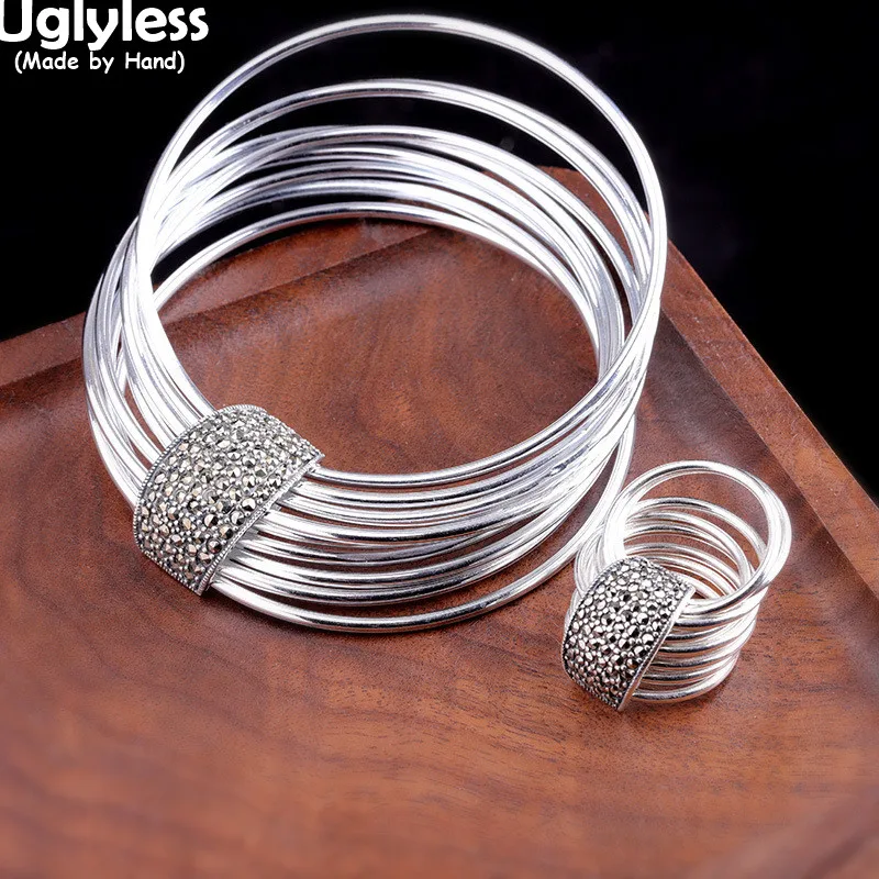 

Uglyless Hollow 9 Links Bangles Rings Sets for Women Cool Multi Layers Jewelry Sets Marcasite Summer Dress Jewelry 925 Silver