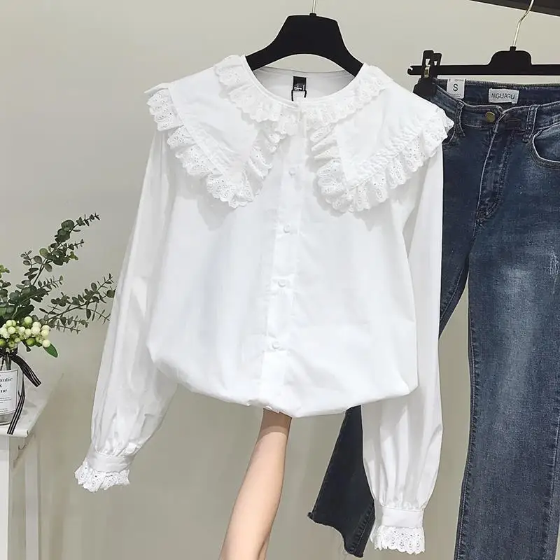

Women Shirts and Blouses 2022 Spring Autumn Feminine Blouse Top Casual White Peter Pan Collar Fashion Long Sleeve Shirts J22