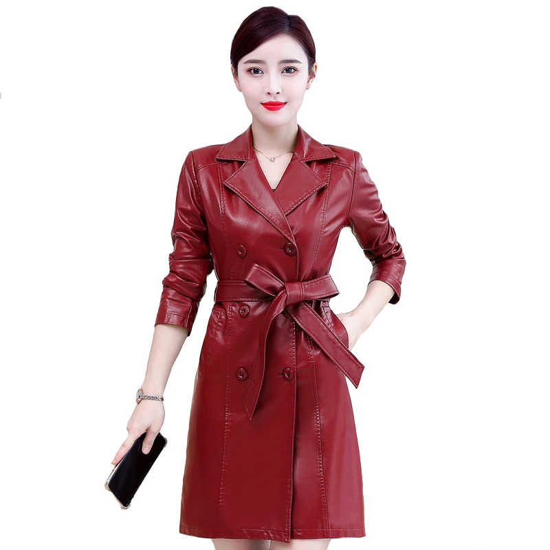 Женское осеннее длинное пальто из искусственной кожи с поясом|Кожаные куртки| |