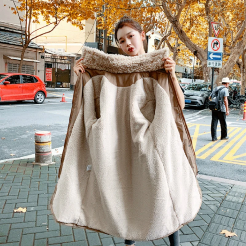 

Women Winter Stand Collar Lamb Wool Liner Thicken Long Parka Slim Waist Jacket Full Sleeve Big Pocket Coat Oversized Overcoat