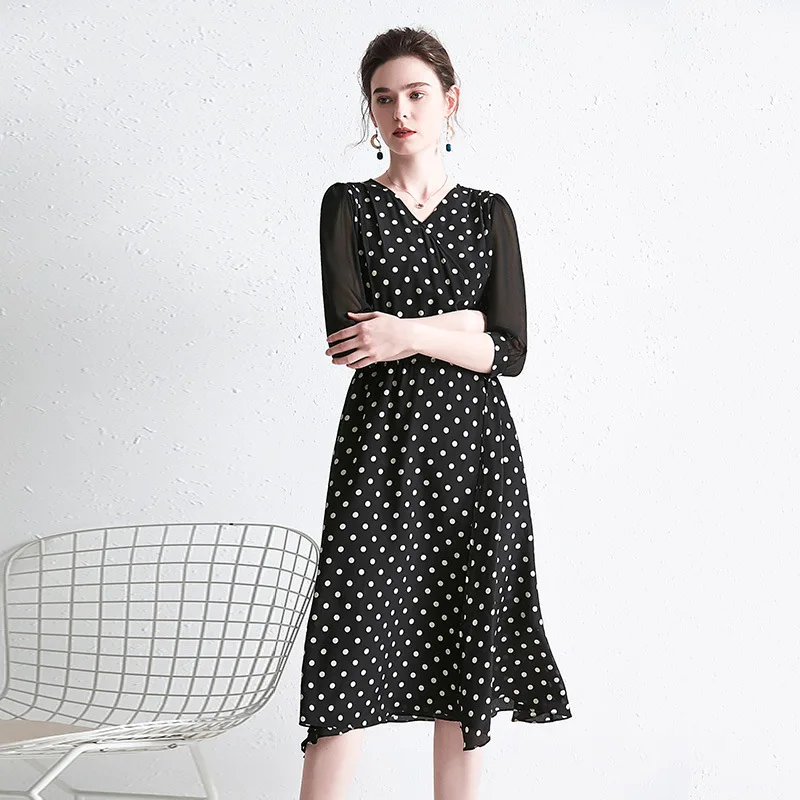 

Black Polka Dot Floral Silk Dresses Women Fashion 2021 Summer Long Casual Sexy Office Work Daily Dress Plus Size Slim Fit A Line