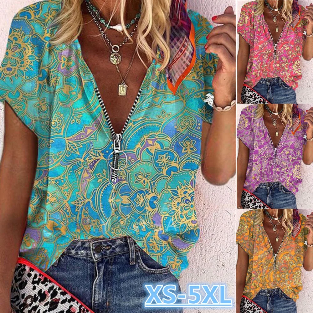

Summer Shirt for Women Short Sleeve Zipper Blouses Green Spring Female Clothes Female Blouses Plus Size T Shirts Bohemian Tops