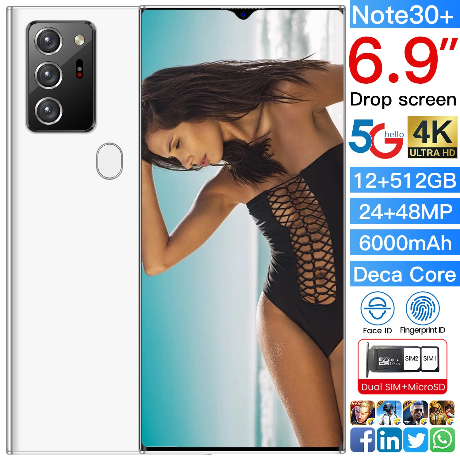 

Hot Sell Note30 Global Version Smartphone 6.9 Inch Drop Screen 12GB 512GB MTK6889 24MP 48MP Mobile Phone Face ID 6000mah