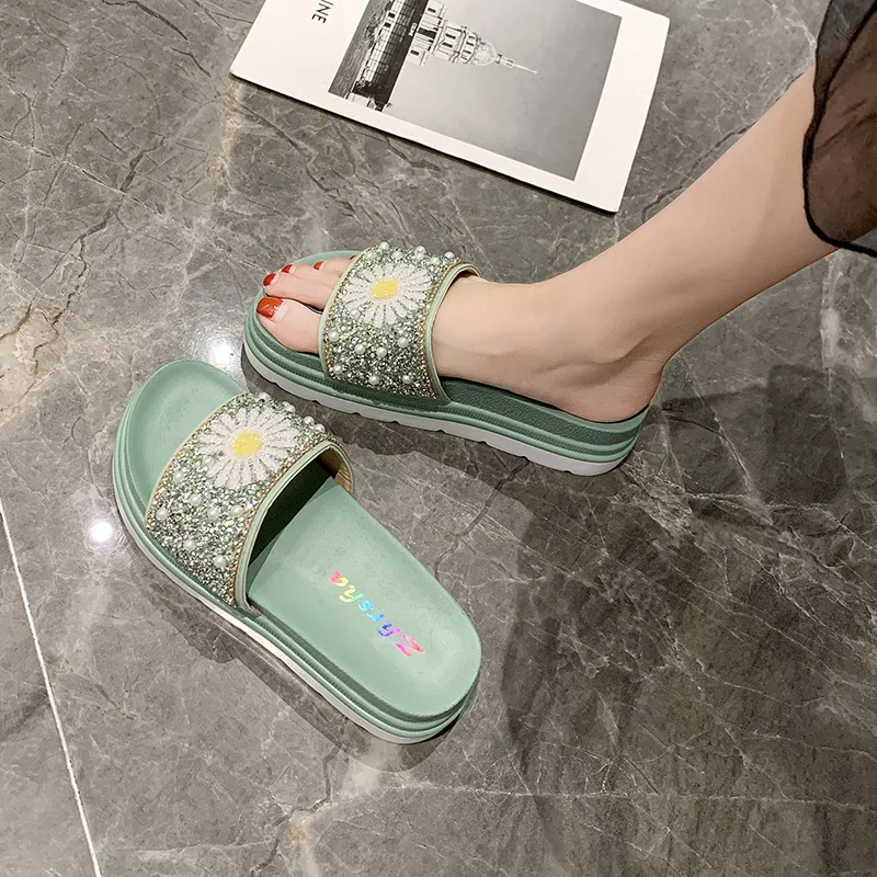 

Slippers Casual Beach Shoes String Bead Platform Glitter Slides Med Slipers Women Luxury Sabot Flat Jelly 2021 PU Crystal