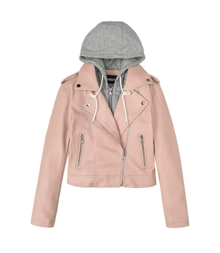 fake two pieces pu leather jackets female street style zipper stitching hooded autumn winter warm outerwear F46 | Женская одежда