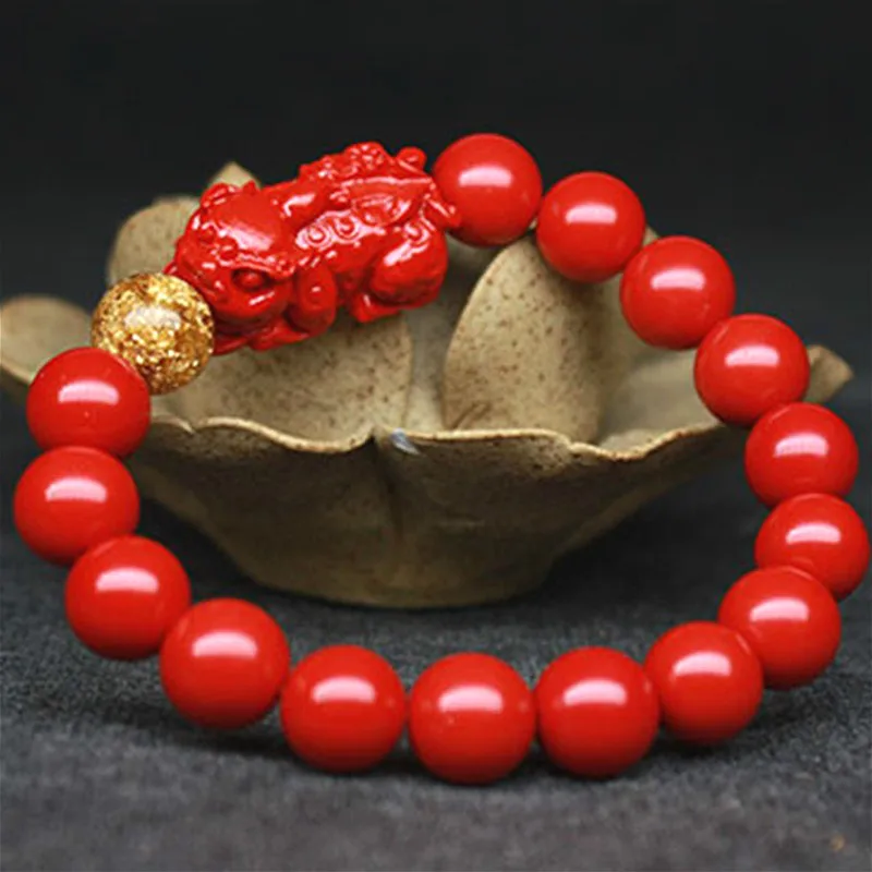

Natural Red Organic Cinnabar Beads Pixiu Bracelet Chinese Hand-Carved Fashion Charm Jewelry Amulet for Men Women Lucky Gifts